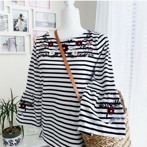 J. Crew Striped Floral Embroidered Women's Bell Sleeve Top Size Medium